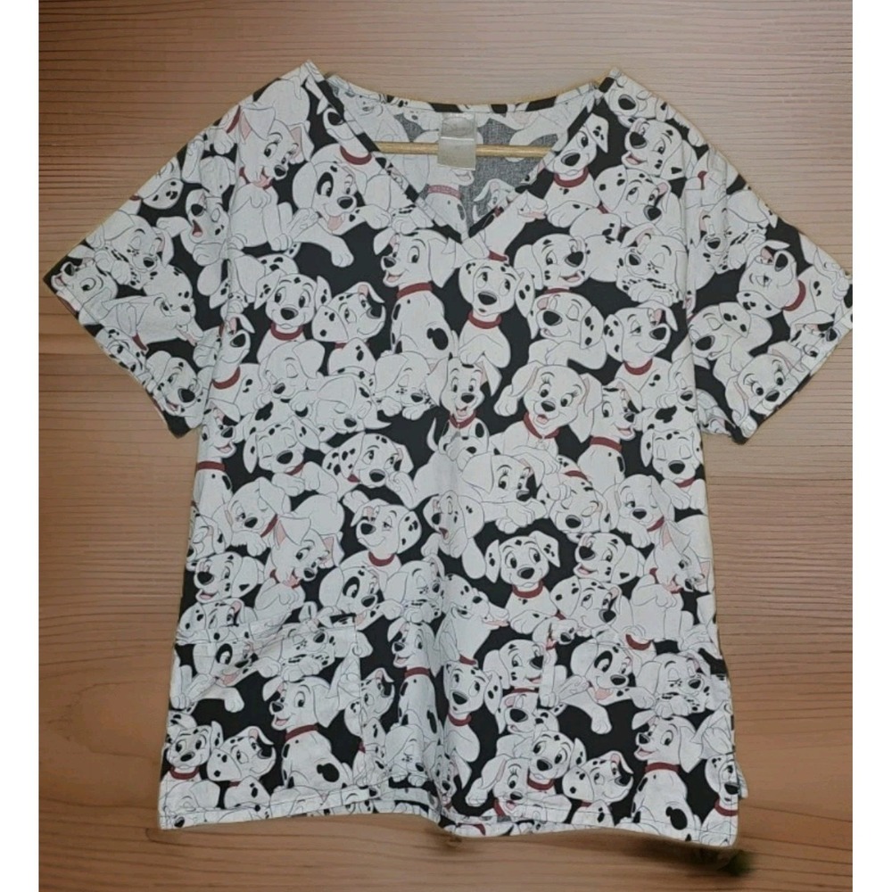 Disney 101 Dalmatians Women's Scrub Top White & Black Puppy Print Size XS Cute